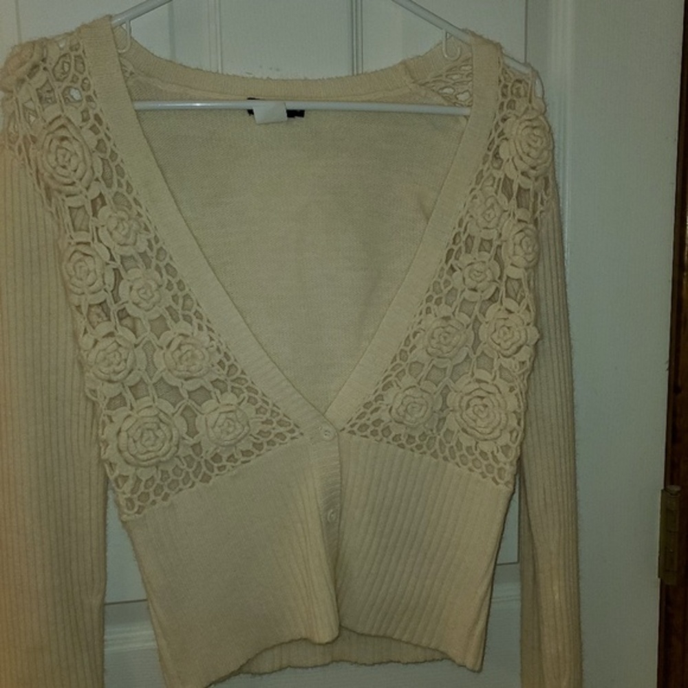 Angora and Wool Cream Cardigan with Knitted Floral Detail